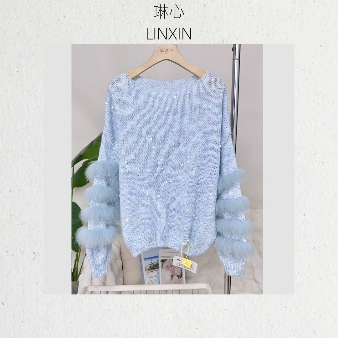 琳心秋冬时尚百搭新款女装蓝色拉毛亮片宽松圆领针织衫 0774