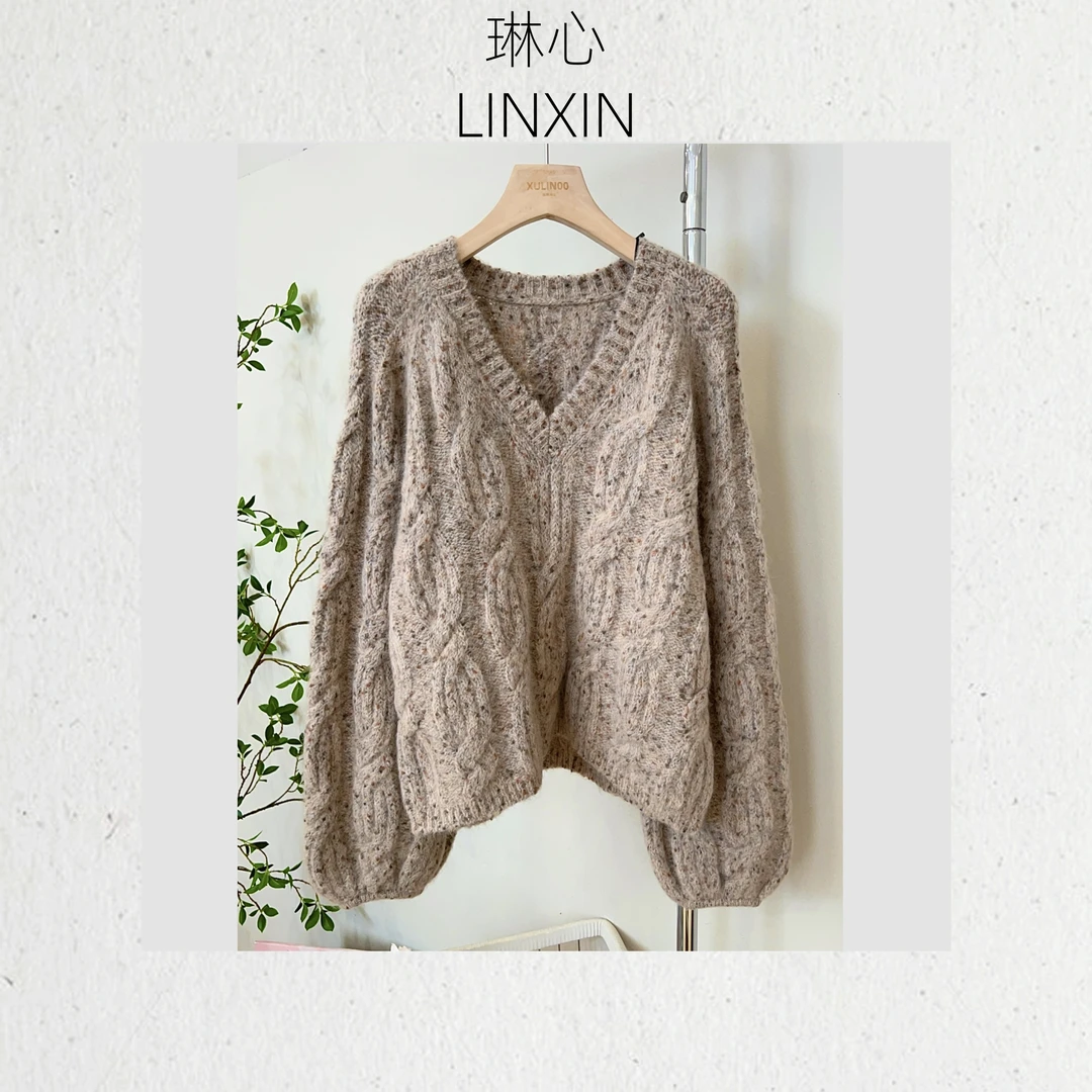 丨雅丹风丨早秋时尚百搭棕色v领长袖套头针织衫 1158