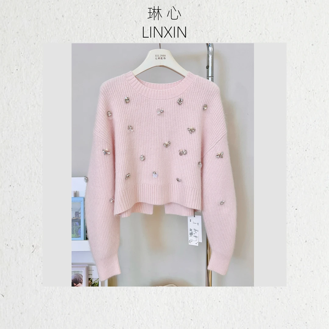 琳心丨秋季气质减龄重工亮钻粉色套头针织衫 9423