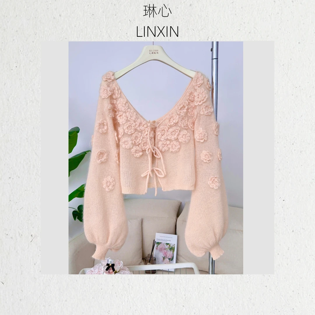 琳心丨粉玫瑰丨秋季时尚女装气质高级感立体花朵提花针织衫 0382
