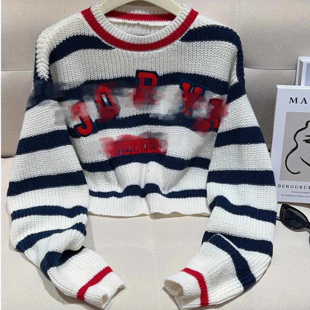 【宝藏衣橱】丨丨春秋气质减龄条纹字母刺绣针织衫 A0914-JSAA140