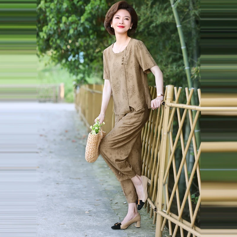 2024时尚新款妈妈装显瘦气质洋气休闲夏季中年减龄宽松九分裤套装