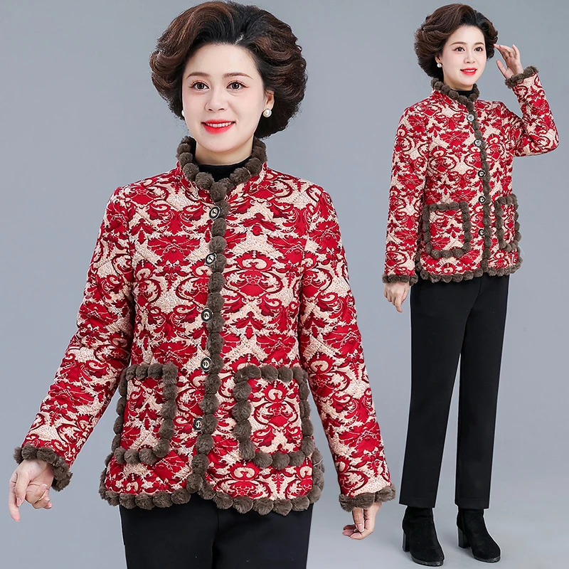 2024冬季新款女士加绒棉衣时尚百搭中老年妈妈装保暖外套加厚上衣