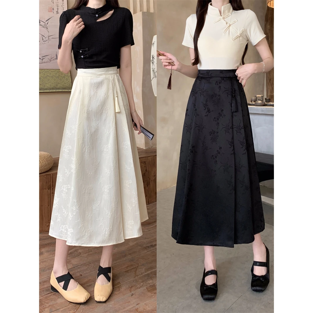 2025大码中式国风半身裙女2024夏季提花马面裙高腰显瘦a字百褶裙