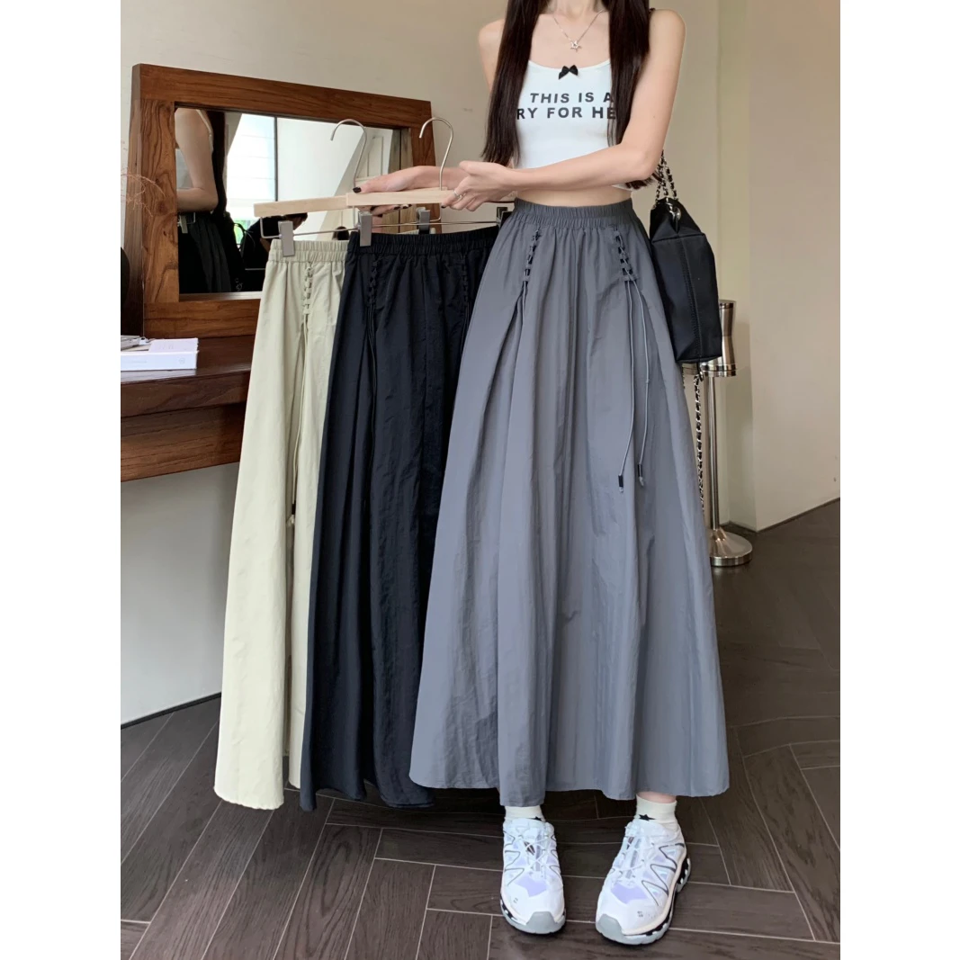 现货大码夏季高腰松紧腰系带显瘦半身裙女2024A字裙垂感小个子裙