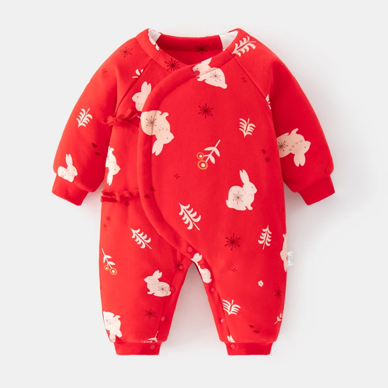 婴儿棉衣加厚红色新生儿半背衣兔宝宝过年服上衣满月衣服宝宝冬装