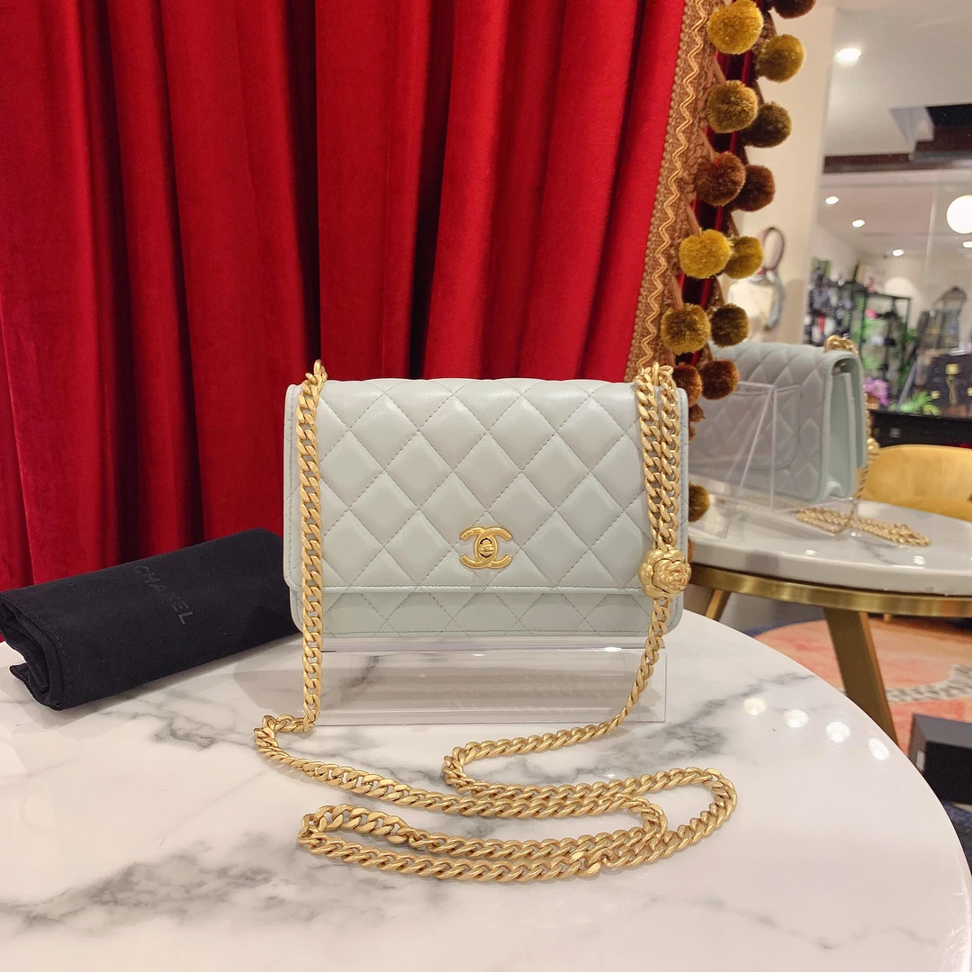 95新 Chanel/香奈儿 GGS山茶花金球woc蓝色金扣羊皮99418712