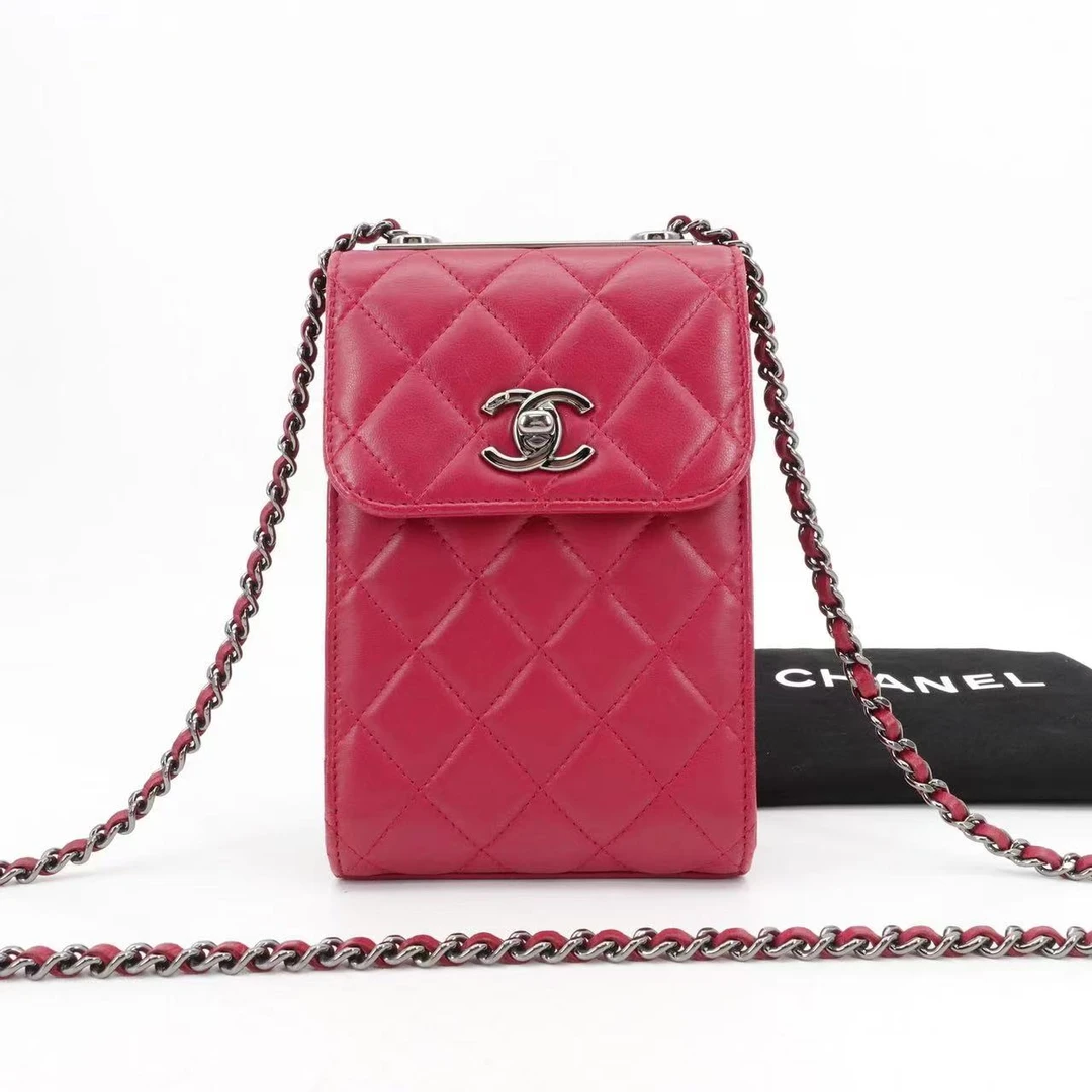 95新 Chanel/香奈儿 trendy cc手机包玫红色亮银扣羊皮2/64746604