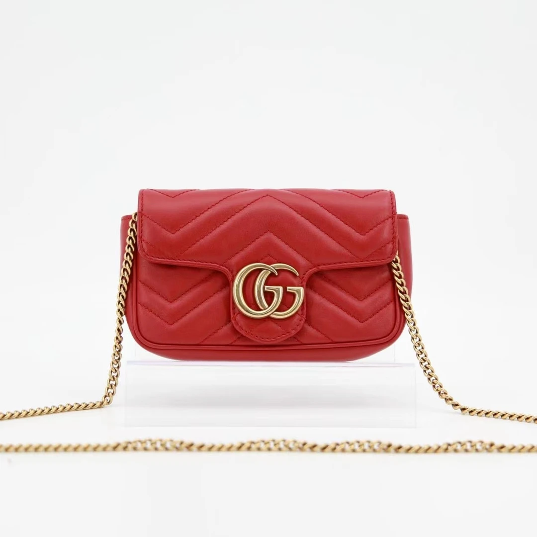 95新 GUCCI/古驰 马蒙supermini红色金扣单肩包/51674185