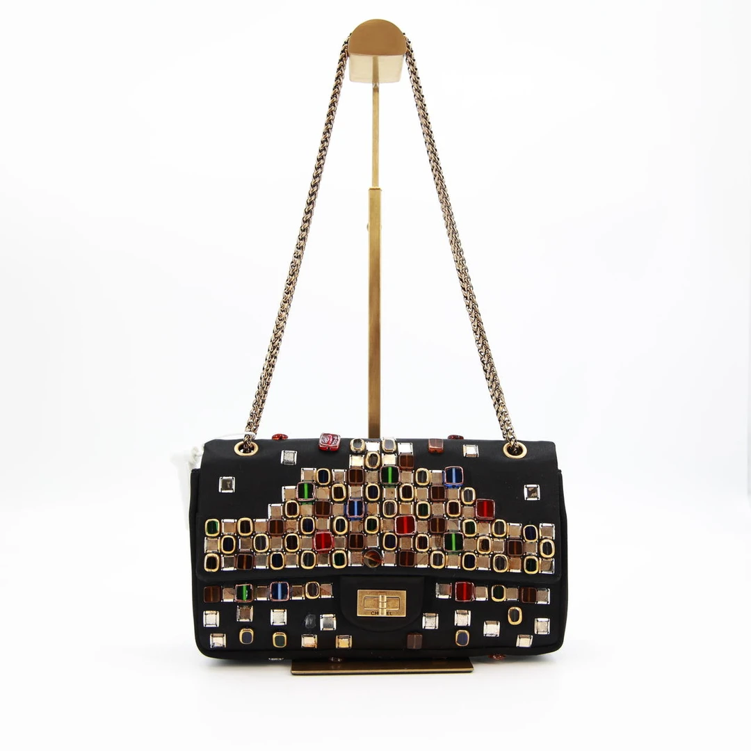 95新 Chanel/香奈儿 香奈儿/香奈儿拜占庭2.55中号黑金缎面链条包