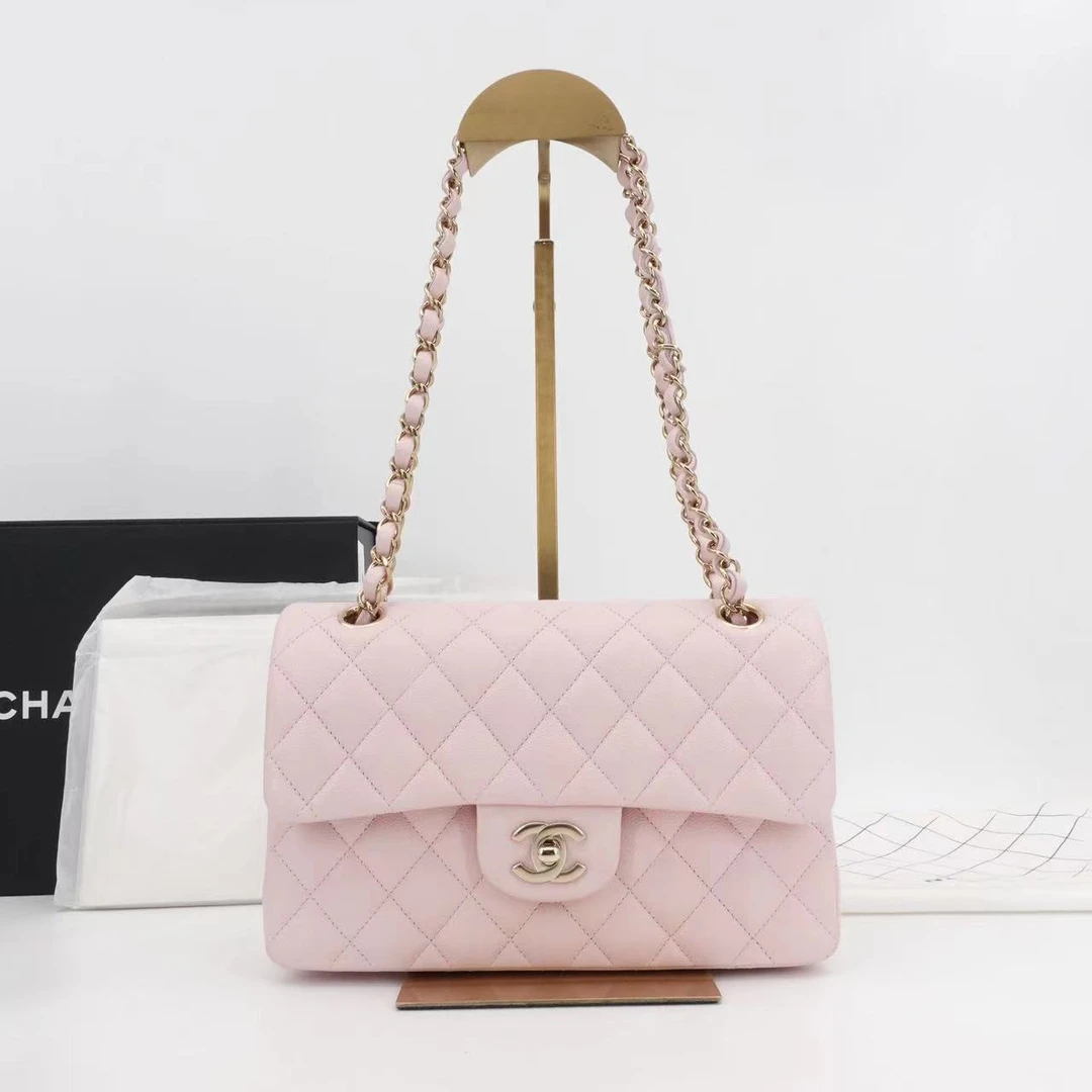 99新 Chanel/香奈儿 cf小号粉色金扣荔枝牛皮芯片款/40704207