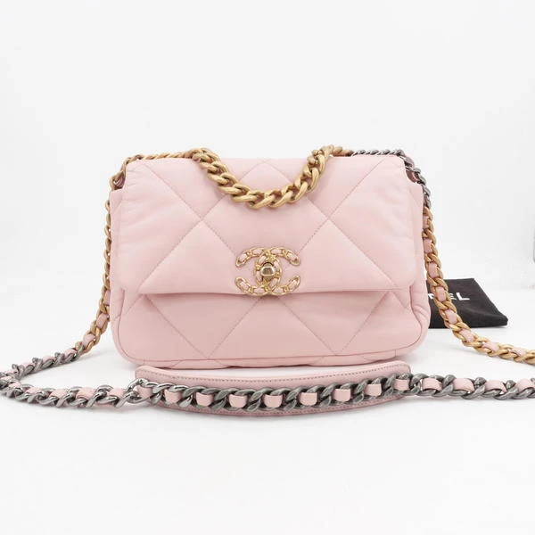 99新 Chanel/香奈儿 19bag小号粉色金扣羊皮单肩包/45204688