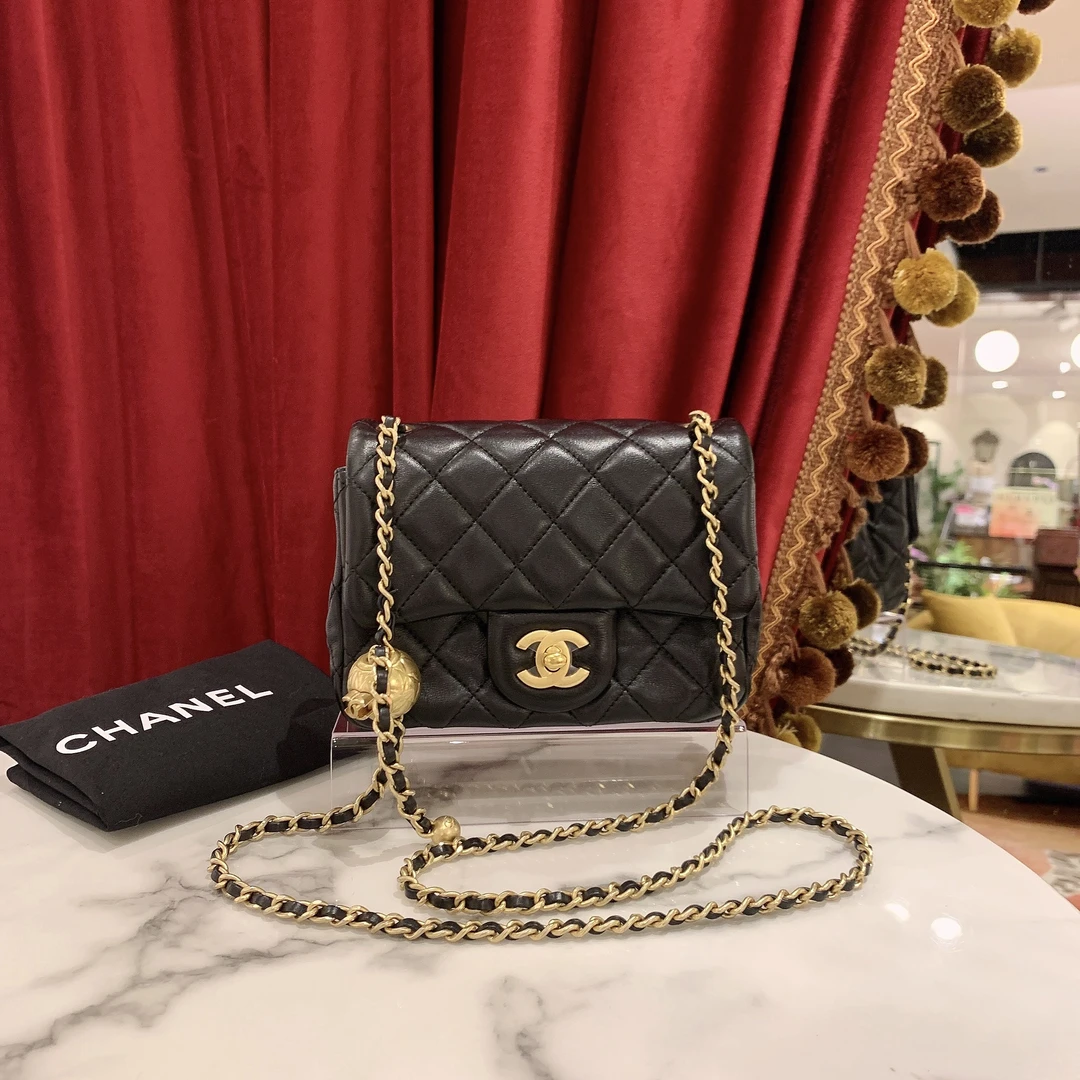 99新 Chanel/香奈儿 cf金球方胖子黑金羊皮芯片款/23975064