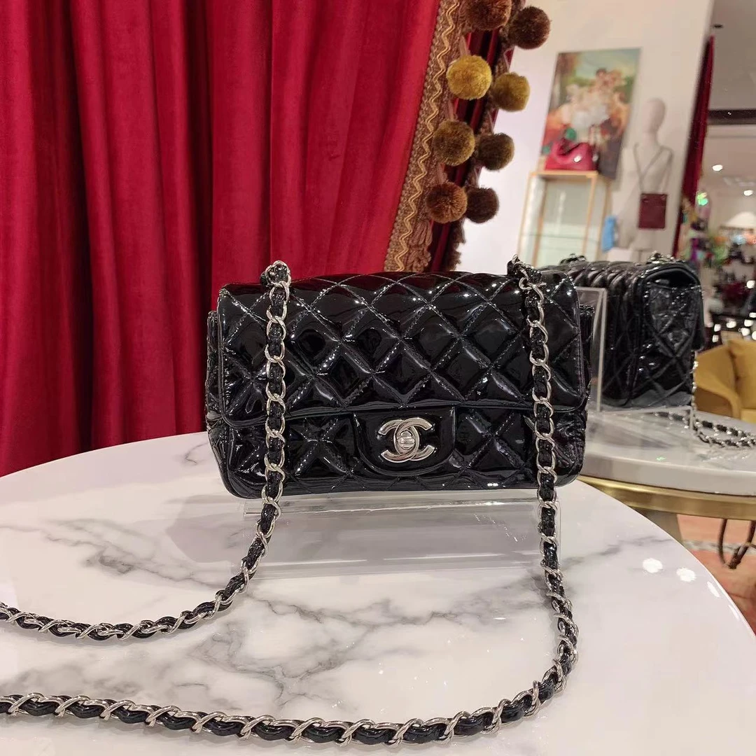 95新  GGS香奈儿cf大mini黑色银扣漆皮单肩包/单肩包/41779781