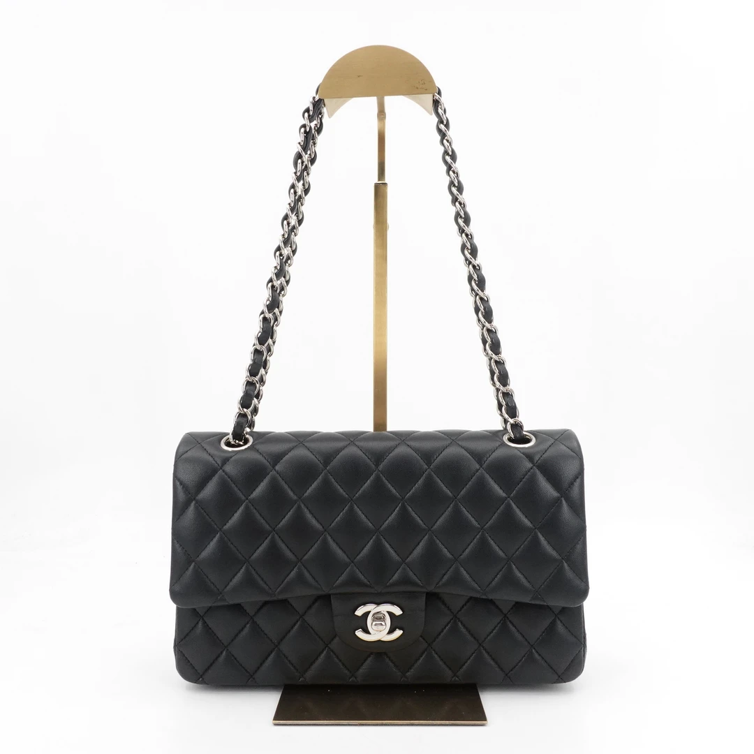95新 Chanel/香奈儿 香奈儿cf中号黑银羊皮单肩包/35397797