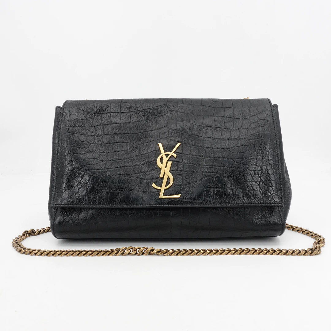 95新 YSL/圣罗兰 双面Kate中号黑金鳄鱼压纹单肩包/19971047