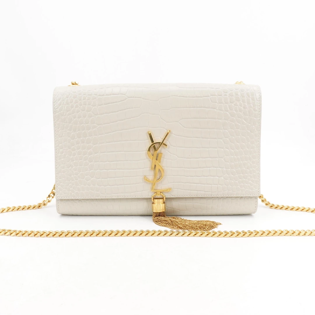 95新 YSL/圣罗兰 GGS圣罗兰流苏Kate中号白色金扣鳄压79372937