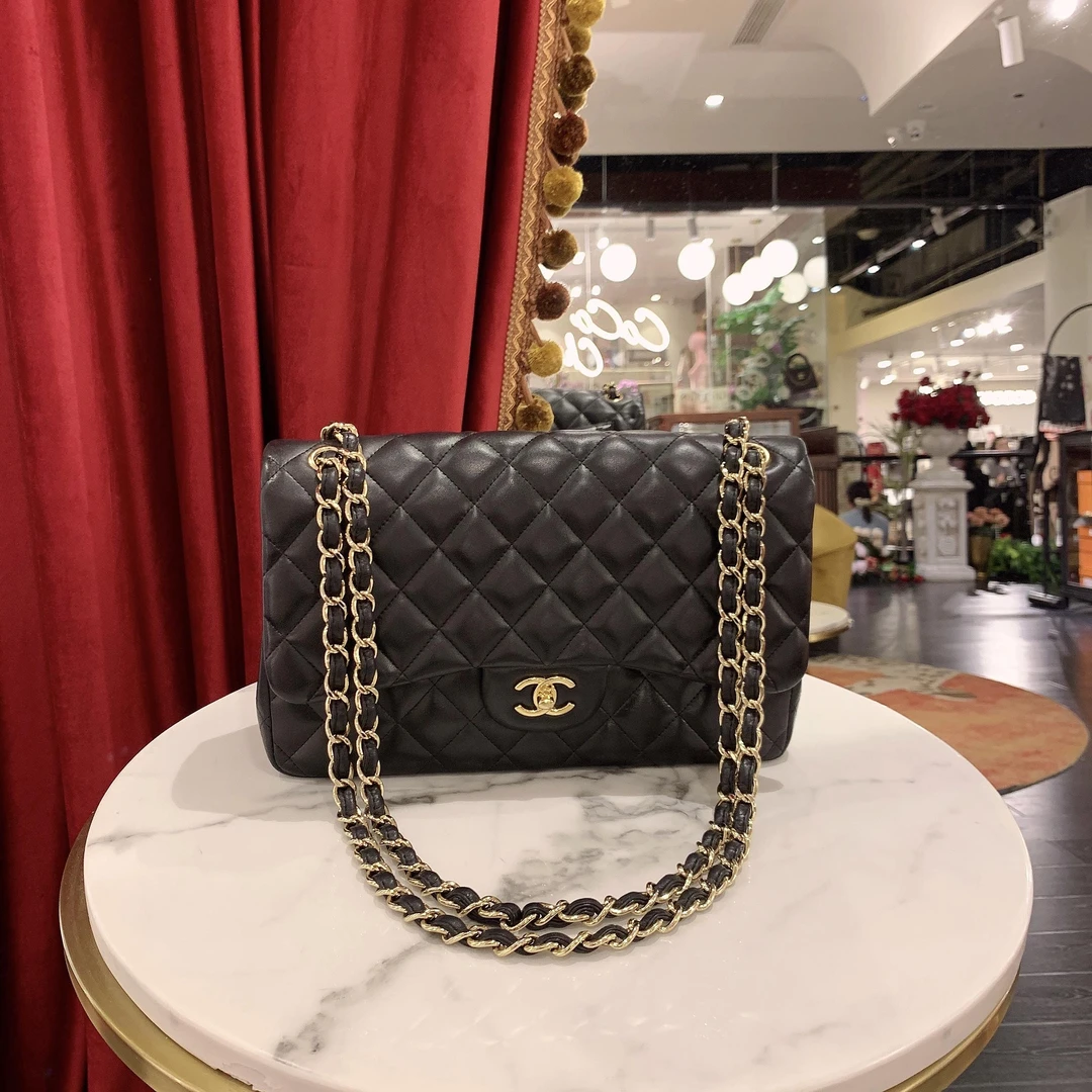 95新 Chanel/香奈儿 cf jumbo双盖黑金羊皮单肩包/46688133