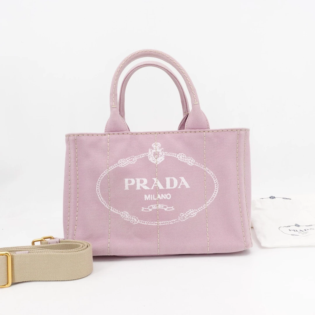 95新 Prada/普拉达 沙滩包粉色金扣牛仔丹宁单肩包/84691056