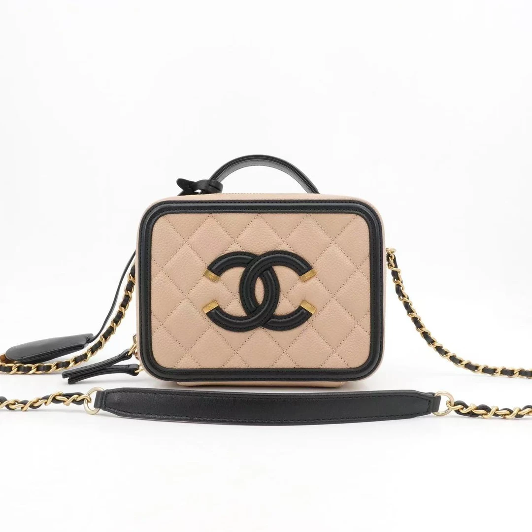 95新 Chanel/香奈儿 GGS相机包奶茶色拼黑色金扣 75802000