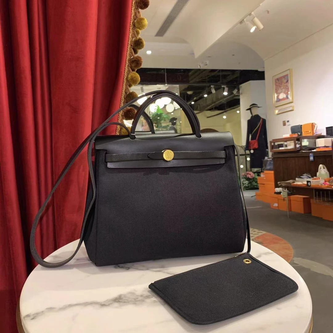 95新 Hermes/爱马仕 爱马仕/GGS爱马仕Herbag31黑色金扣帆布拼皮/