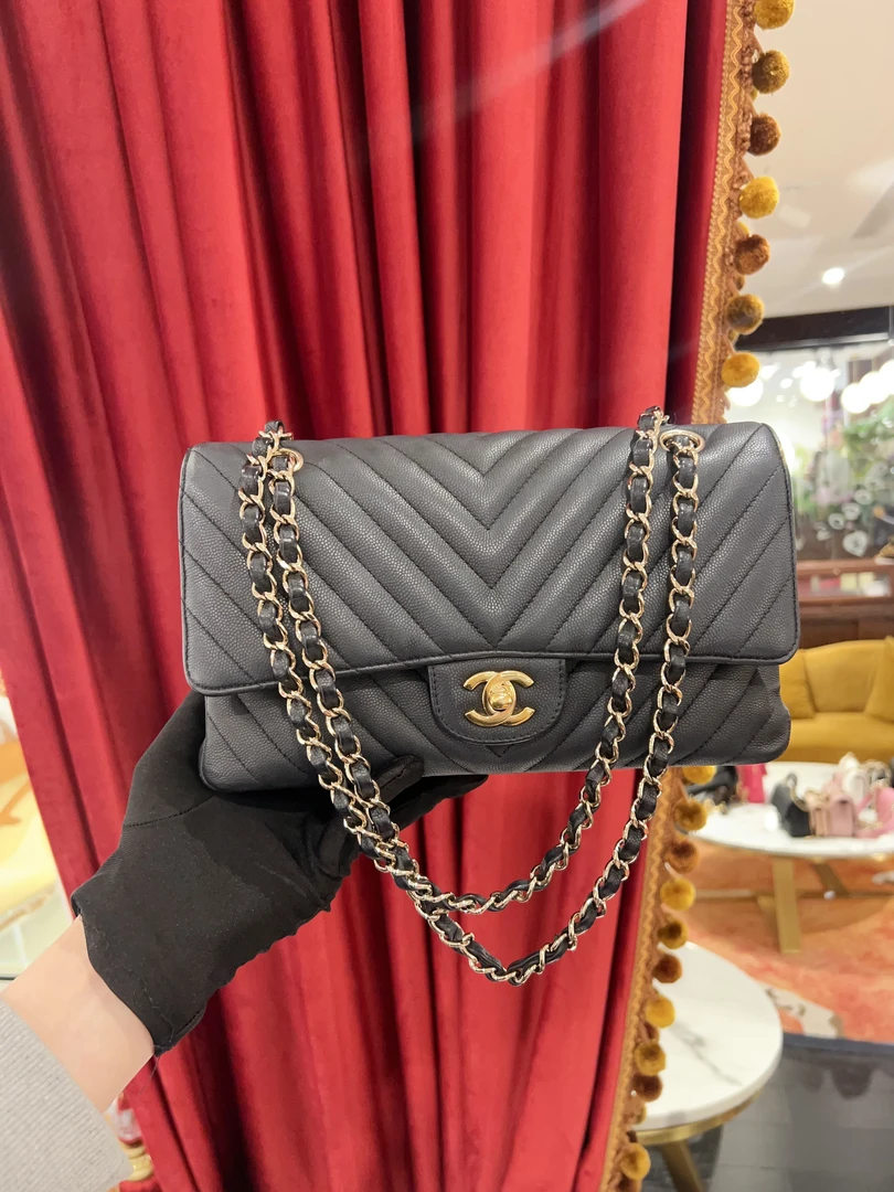 95新 Chanel/香奈儿 定金cf中号石墨灰金扣v纹荔枝单肩/57534564