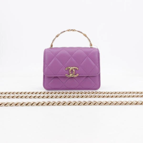 95新 Chanel/香奈儿 22s珐琅手柄mini紫色金扣单肩包/52520130