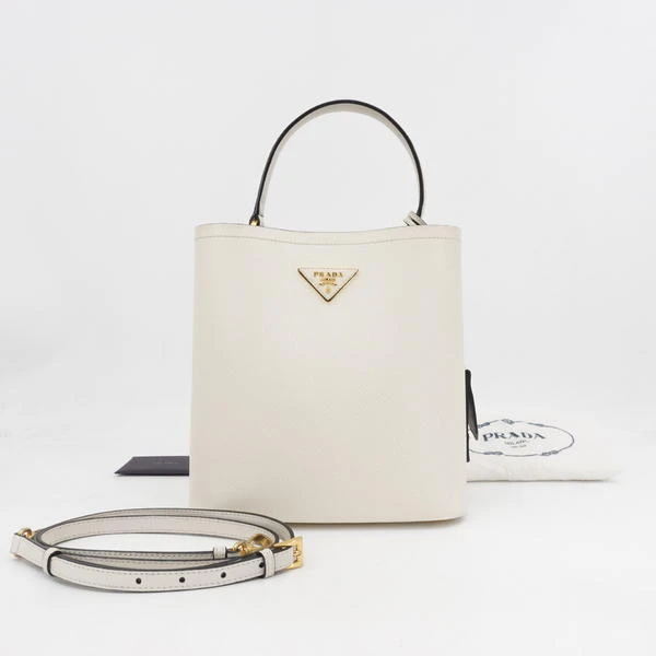 95新 Prada/普拉达 普拉达/GGS普拉达panier水桶中号白金牛皮单肩