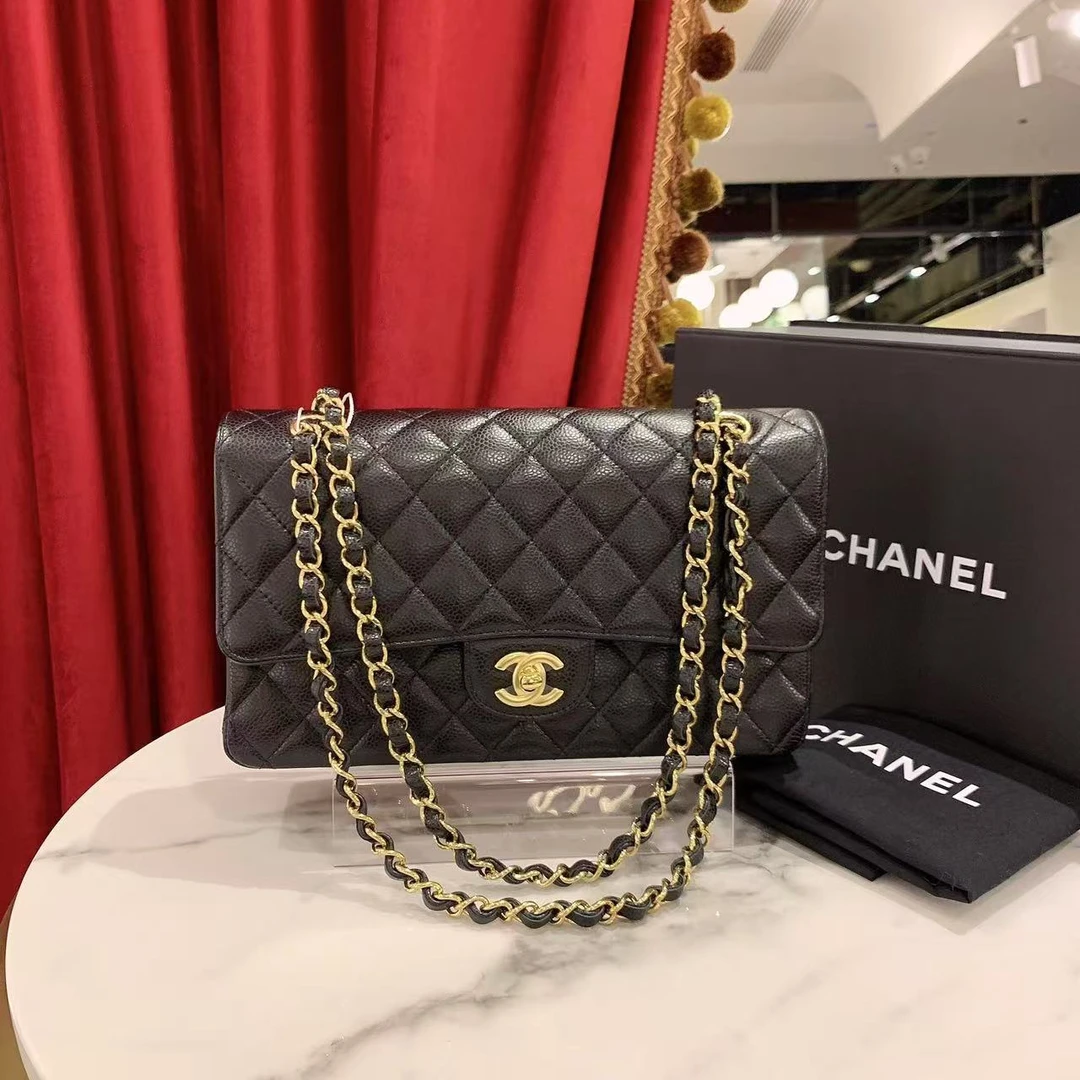 99新 Chanel/香奈儿 GGSCF中号黑金荔枝牛皮单肩包32274853