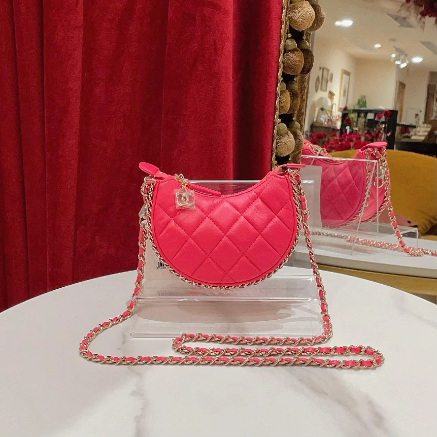 95新 Chanel/香奈儿 GGS香奈儿23p月牙包小号粉色金扣羊98940900