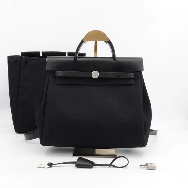 95新 Hermes/爱马仕 爱马仕/GGS爱马仕Herbag29黑银帆布拼皮双肩