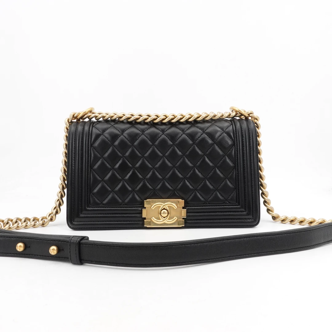 95新 Chanel/香奈儿 GGS香奈儿leboy中号黑金羊皮单肩包/54701474