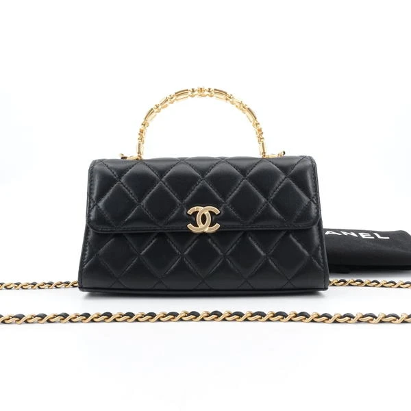 99新 Chanel/香奈儿 22b珐琅手柄大号kelly黑金羊手提包46594001