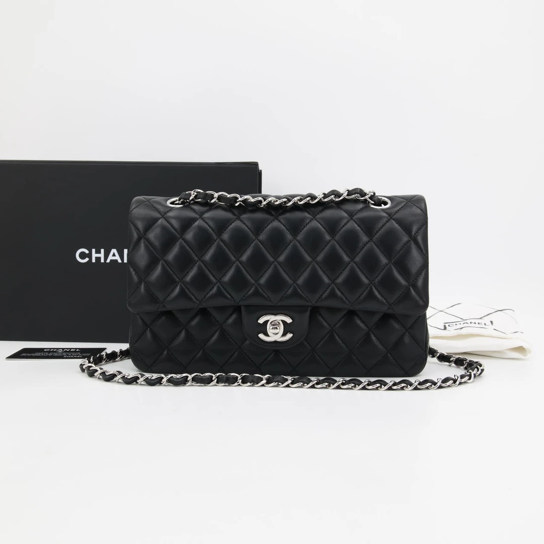 99新 Chanel/香奈儿 拆单cf中号黑银羊皮单肩包/78728729
