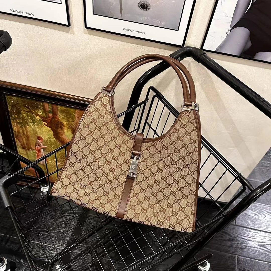 95新 GUCCI/古驰 古驰Jackie1961棕色银老花帆布单肩包/76414415