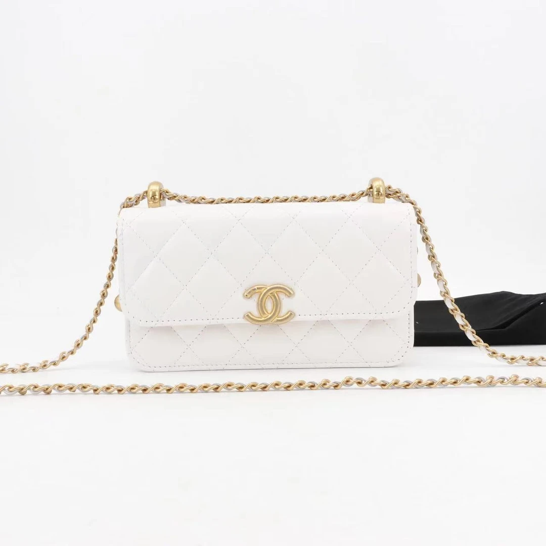 99新 Chanel/香奈儿 24c双金珠手机包白色金扣牛芯片款/48801035