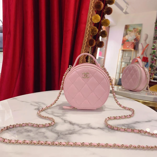 95新 Chanel/香奈儿 2c手提圆饼粉色金扣荔枝牛单肩包63352708