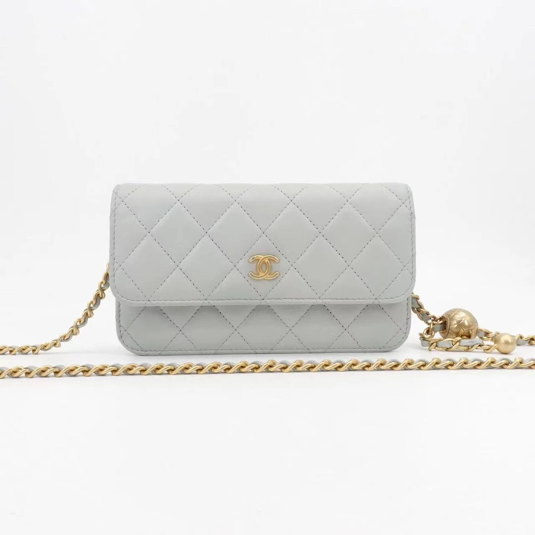 95新 Chanel/香奈儿 金球手机包蓝色金扣羊皮芯片款72780374