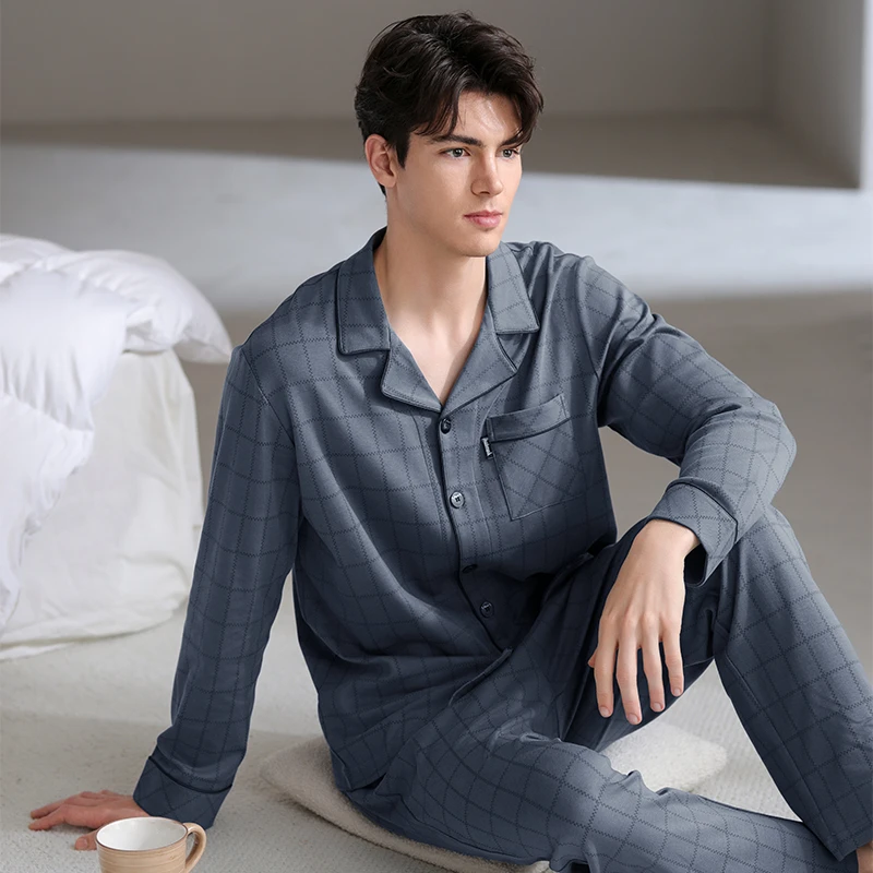 芬腾睡衣男纯棉春秋季开衫套装男款青年宽松休闲长袖全棉家居服