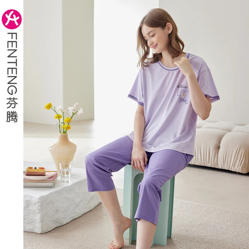 芬腾睡衣女纯棉短袖夏季薄款可爱少女宽松休闲家居服套头全棉套装