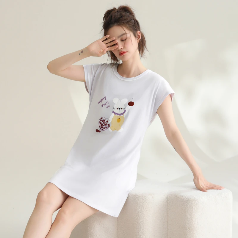 芬腾睡裙女印花宽松夏季纯棉舒适透气可爱可外穿全棉短袖睡衣裙子