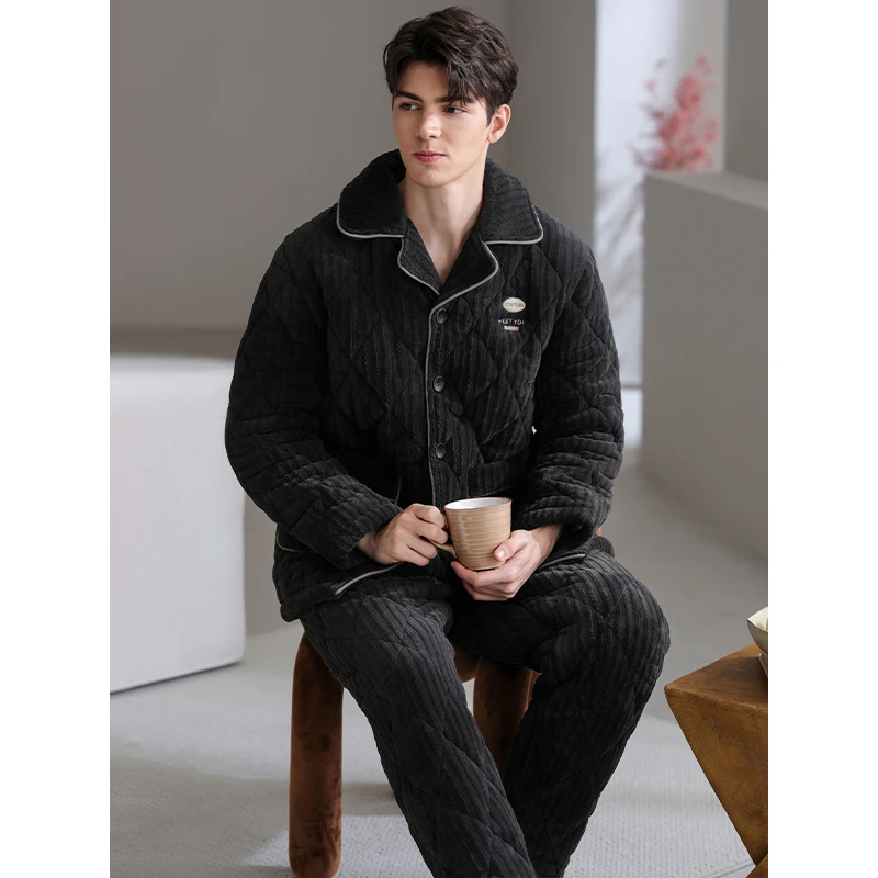 芬腾男士睡衣冬季加厚珊瑚绒冬天中年加绒男款大码夹棉家居服套装
