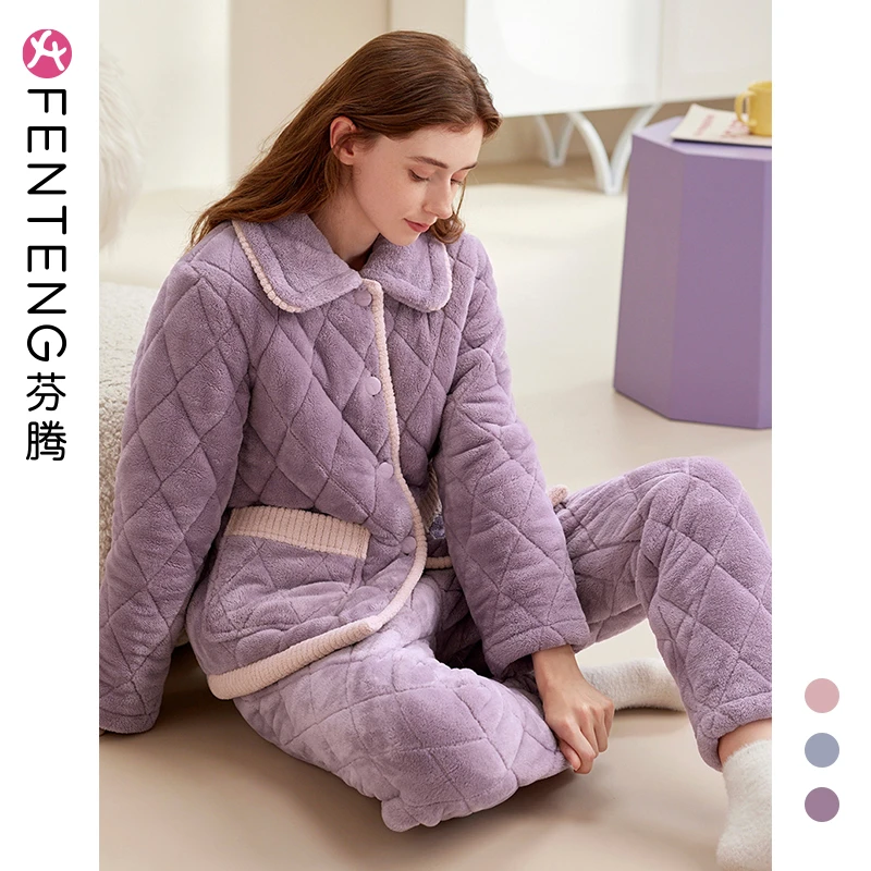 芬腾睡衣【穿到零下10度】女冬季珊瑚绒法兰绒夹棉袄三层加厚套装