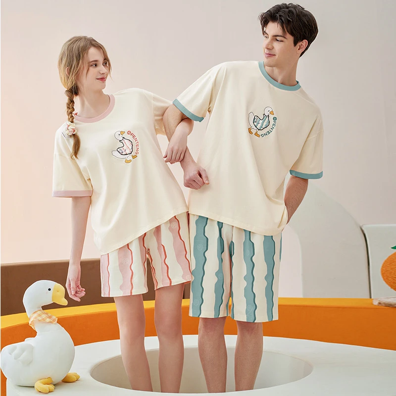 芬腾夏季情侣短袖睡衣女士莫代尔棉套装男宽松休闲大码抗菌家居服