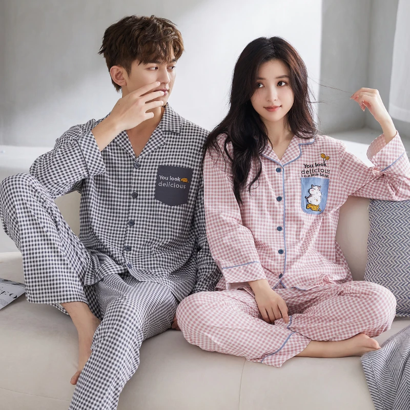 芬腾睡衣女春秋季纯棉开衫格子长袖长裤全棉甜美可爱家居服套装