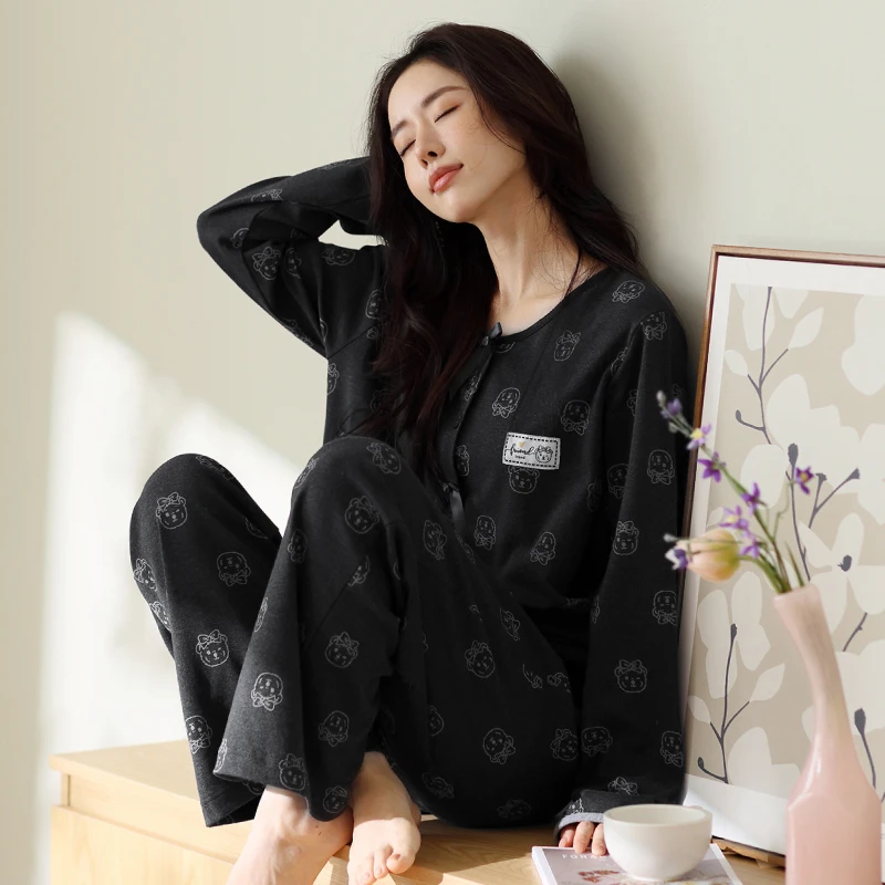 芬腾长袖睡衣套装家居服长裤春秋季纯棉女全棉休闲舒适简约加厚