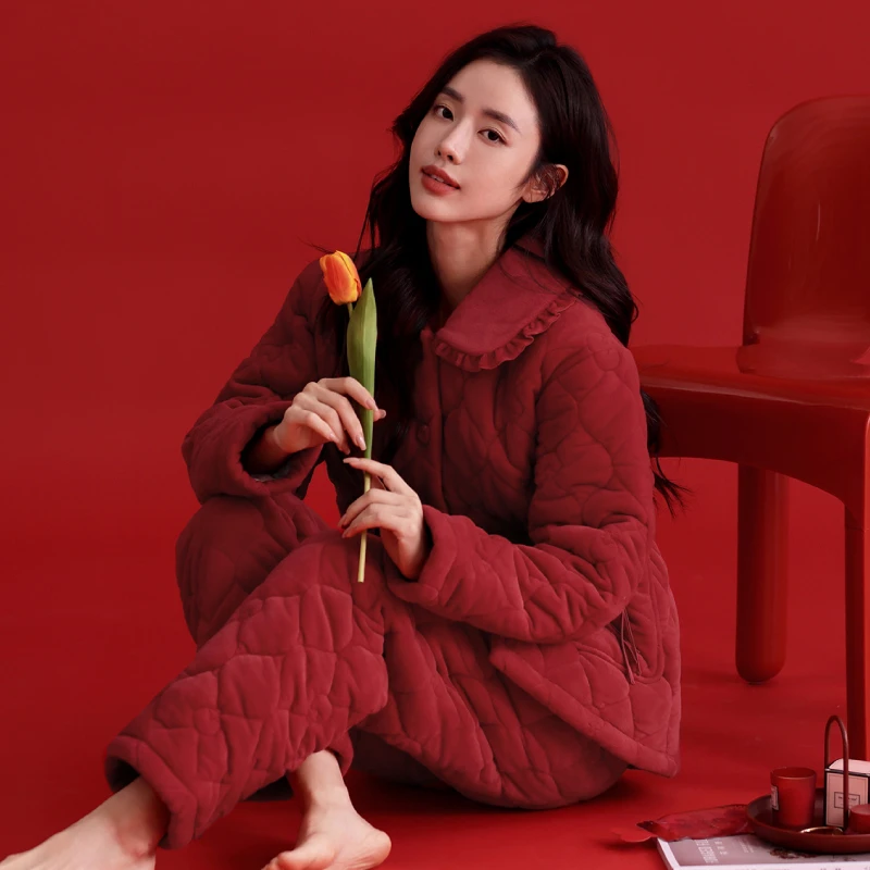 芬腾珊瑚绒夹棉睡衣女士冬季三层加厚加绒保暖套装翻领开衫家居服