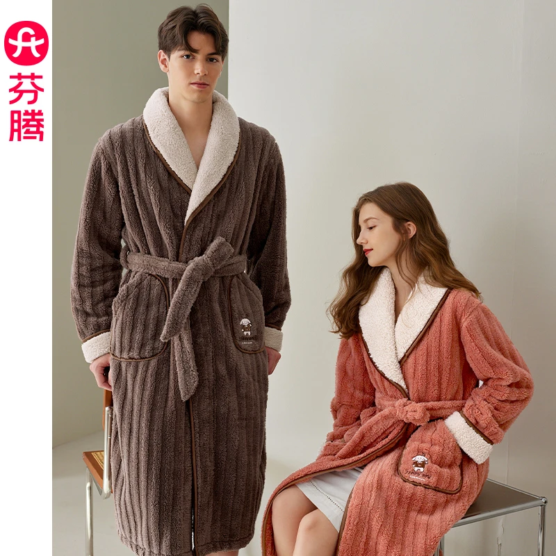 芬腾珊瑚绒睡袍情侣睡衣加绒加厚女士秋冬季法兰绒男款保暖家居服