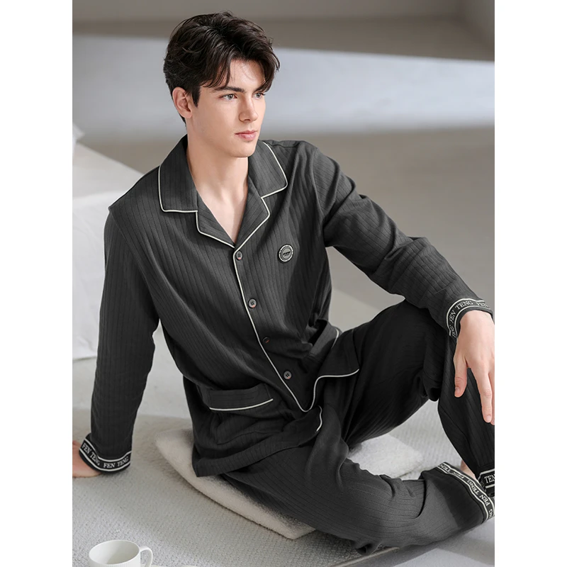 芬腾男士睡衣纯棉春秋季长袖开衫青年休闲宽松大码全棉家居服套装