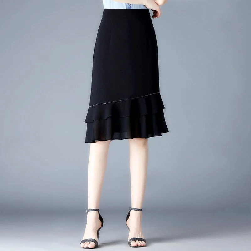 黑色雪纺中长裙半身裙女夏薄款高腰包臀裙不规则中长款职业鱼尾裙